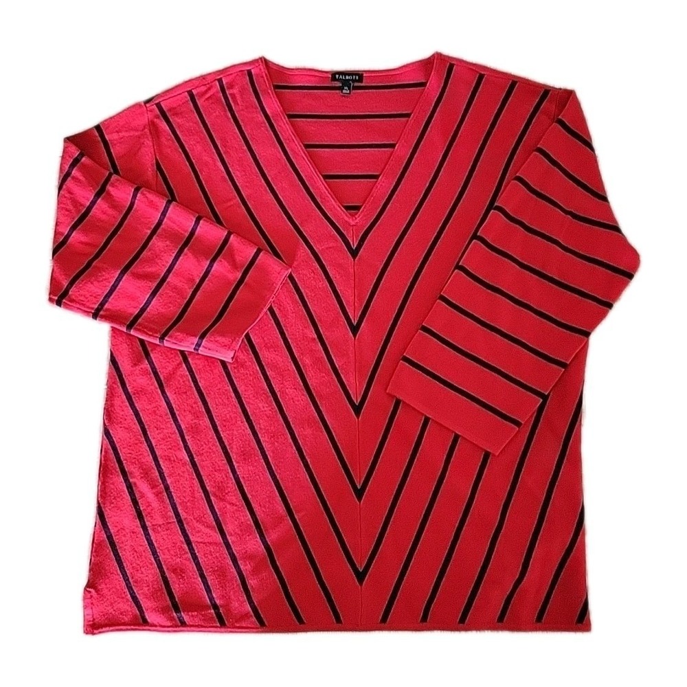 Talbots Bright Apple Red Bias Navy Stripe Chevron V-Neck Sweater‎ Size XL